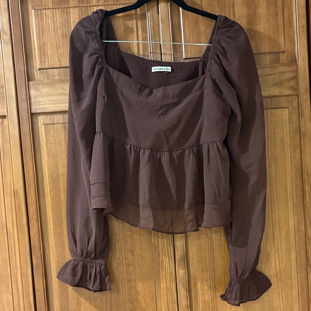 Abercrombie & Fitch Brown Long-Sleeve Peplum Babydoll Sheer Blouse size Large